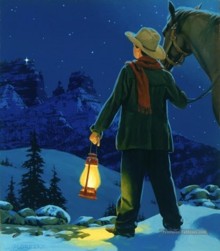 jeune cow boy avec la lumière dans les collines Peinture à l'huile